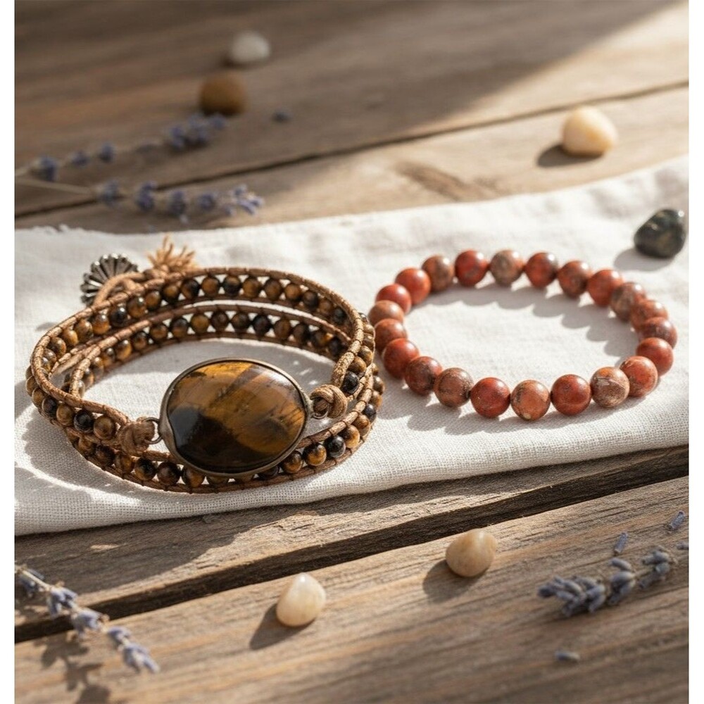 Boho Tiger’s Eye Leather Wrap Bracelet & Red Jasper Beaded Stretch Bracelet Set